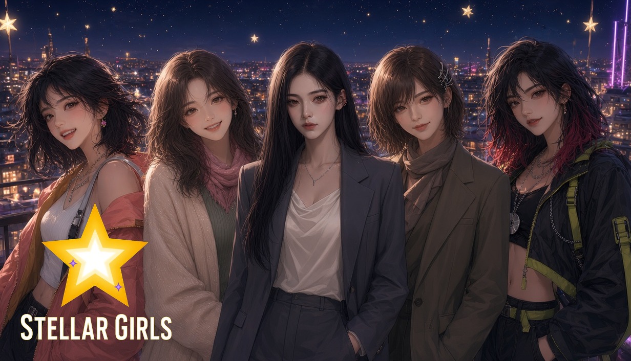 The five founding members of Stellar Girls on a city rooftop at night